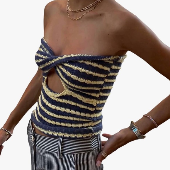 SMALL Knit Twist Tube Tops Y2K Stripe Hollow Exposed Navel Backless Crop - Picture 1 of 9